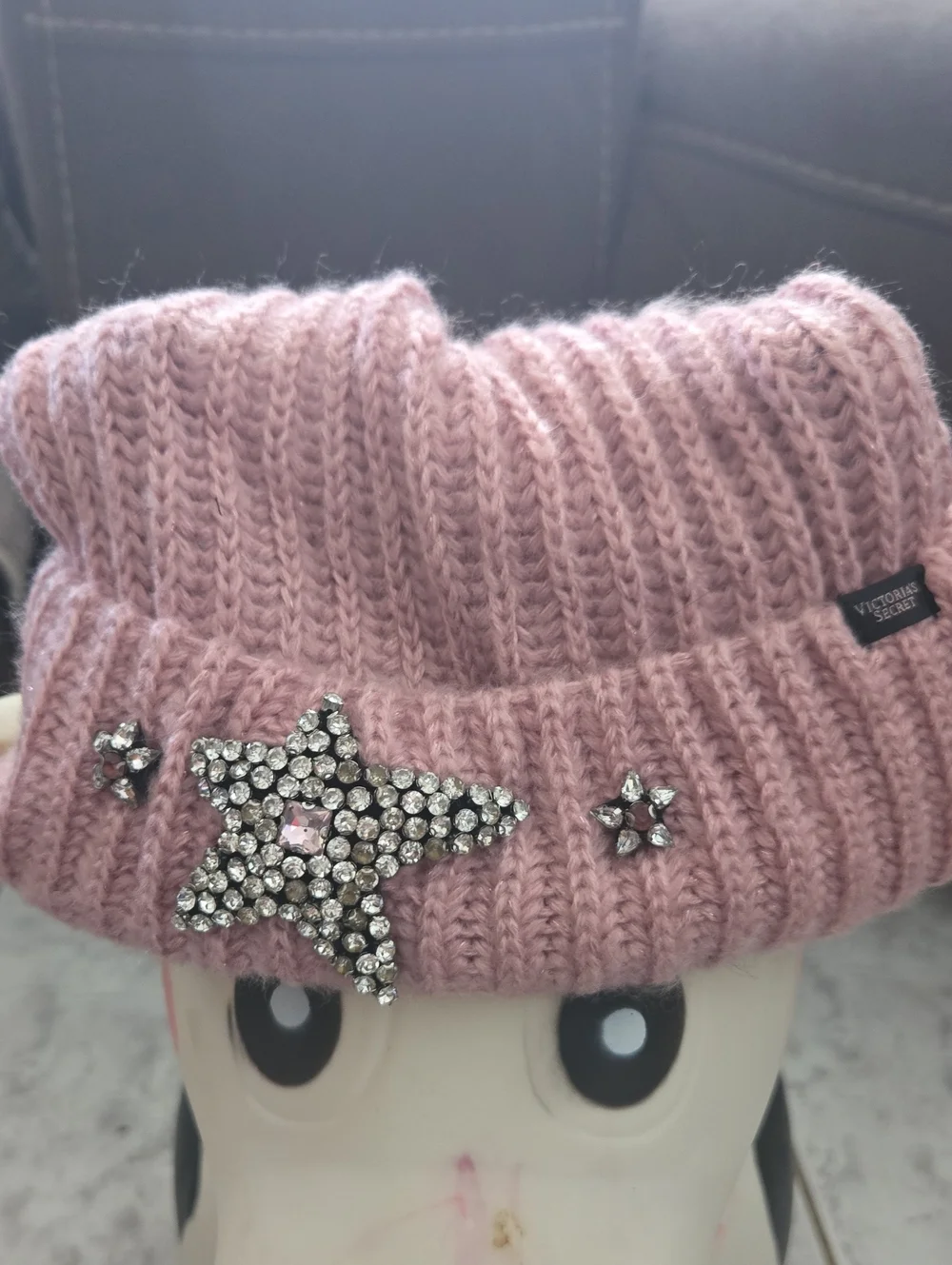 Victoria's Secret Kids Pink Ribbed Beanie with Rhinestone Star Accents
